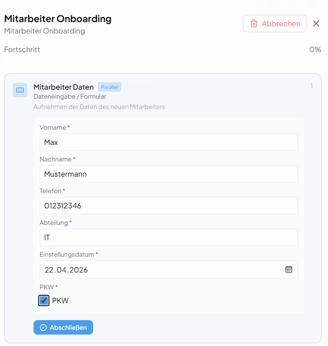 Vorgang starten & Formulare ausfüllen KI-Builder