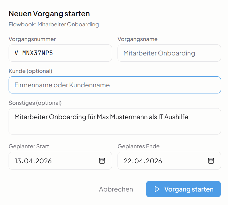Vorgang starten & Formulare ausfüllen Editor