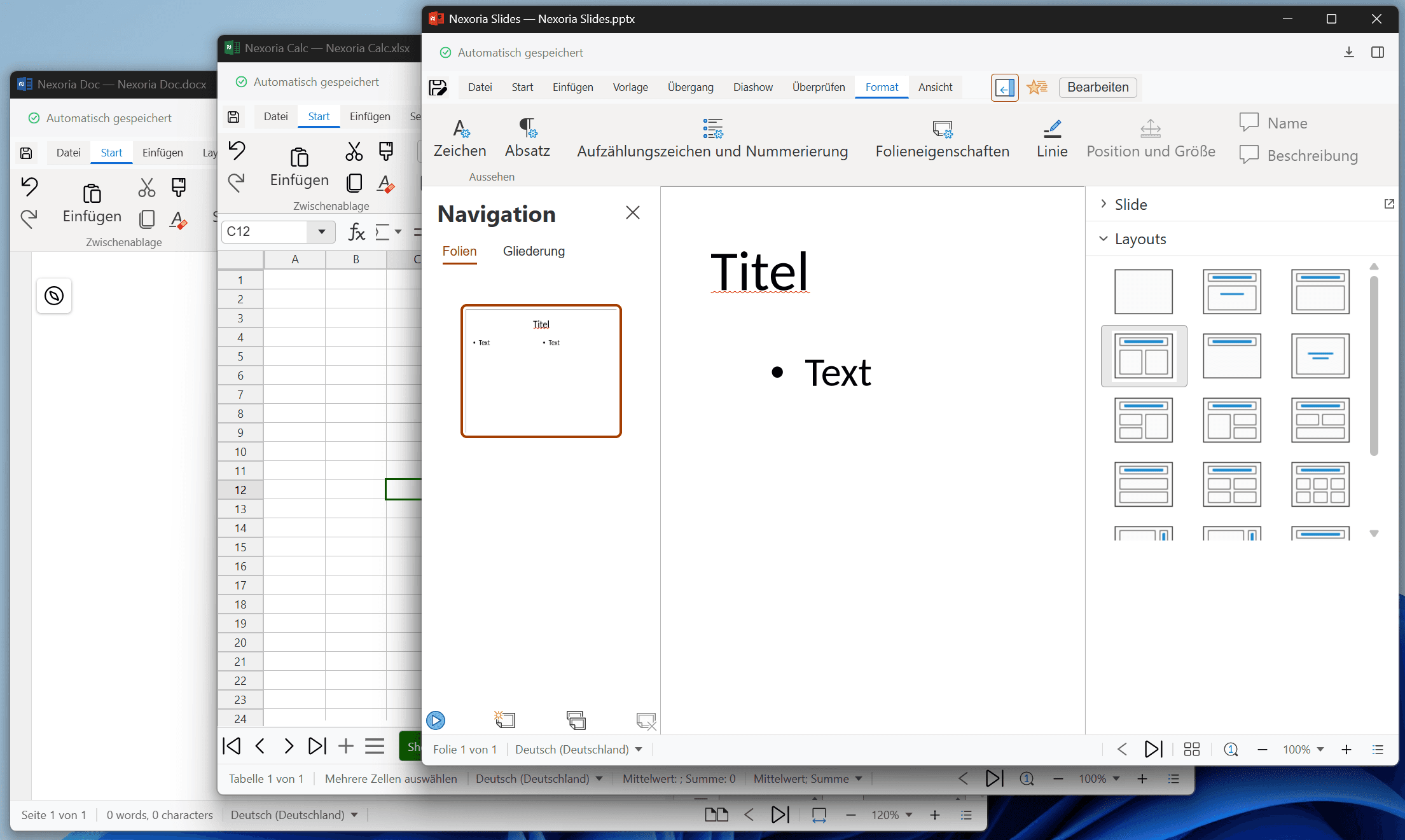Nexoria Office: Doc, Calc und Slides nebeneinander geöffnet