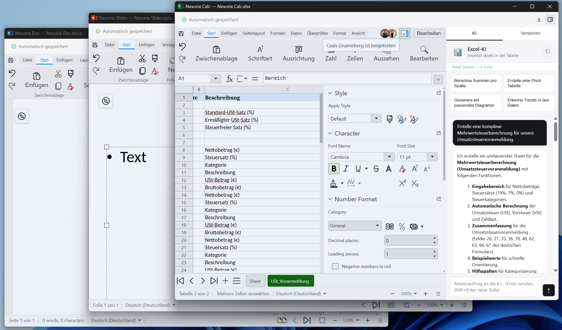 Nexoria Calc mit Excel-KI in der Seitenleiste