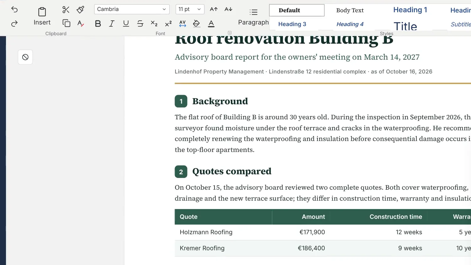 Nexoria Doc with a structured report, styles and a proposal table. Fictitious sample data.