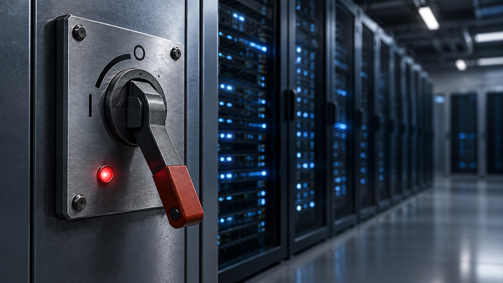 AI-generated symbolic image: a physical shut-off switch in front of server racks, representing the availability of AI services.