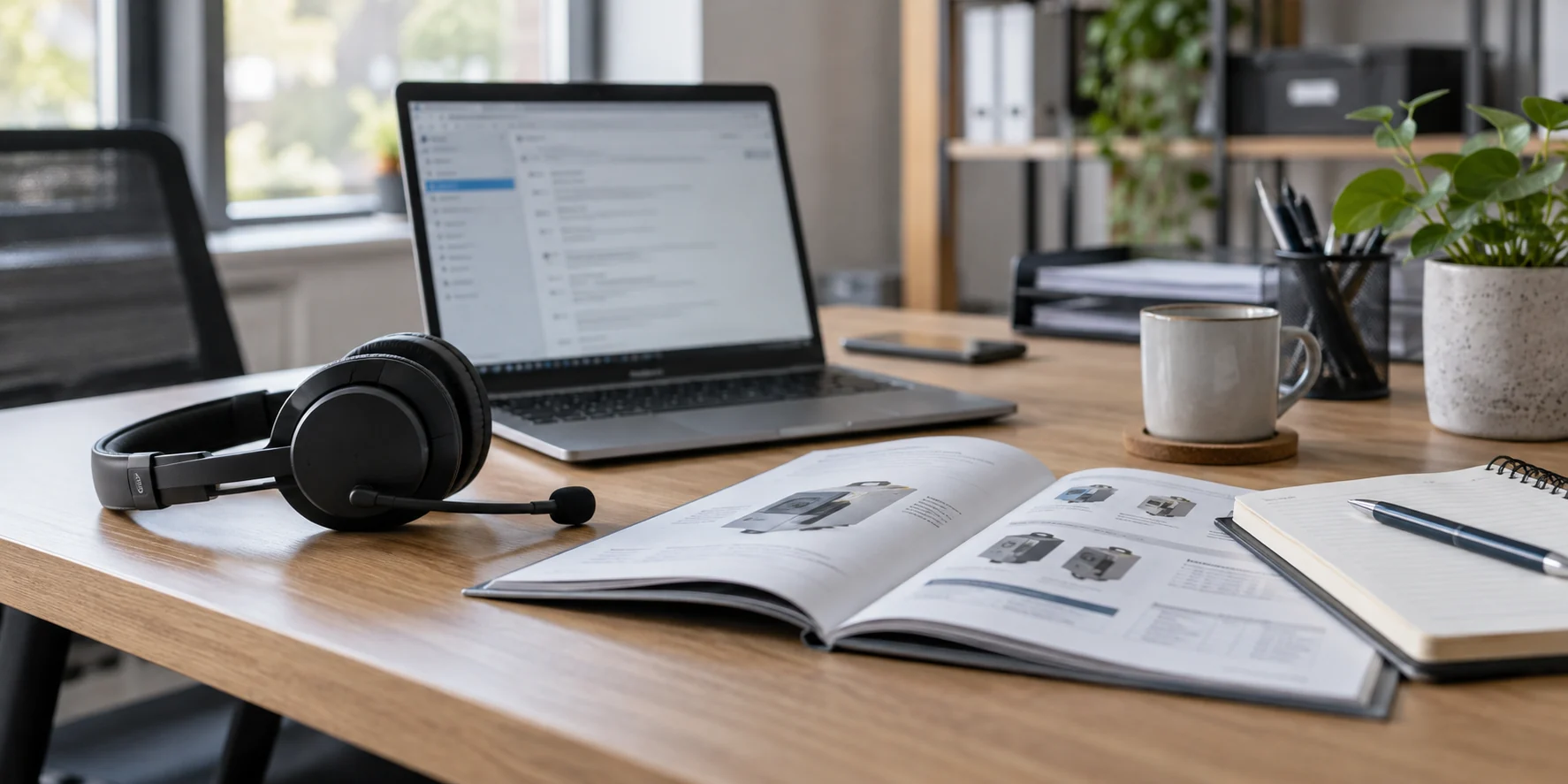 Headset, Laptop und technische Unterlagen an einem Kundenservicearbeitsplatz