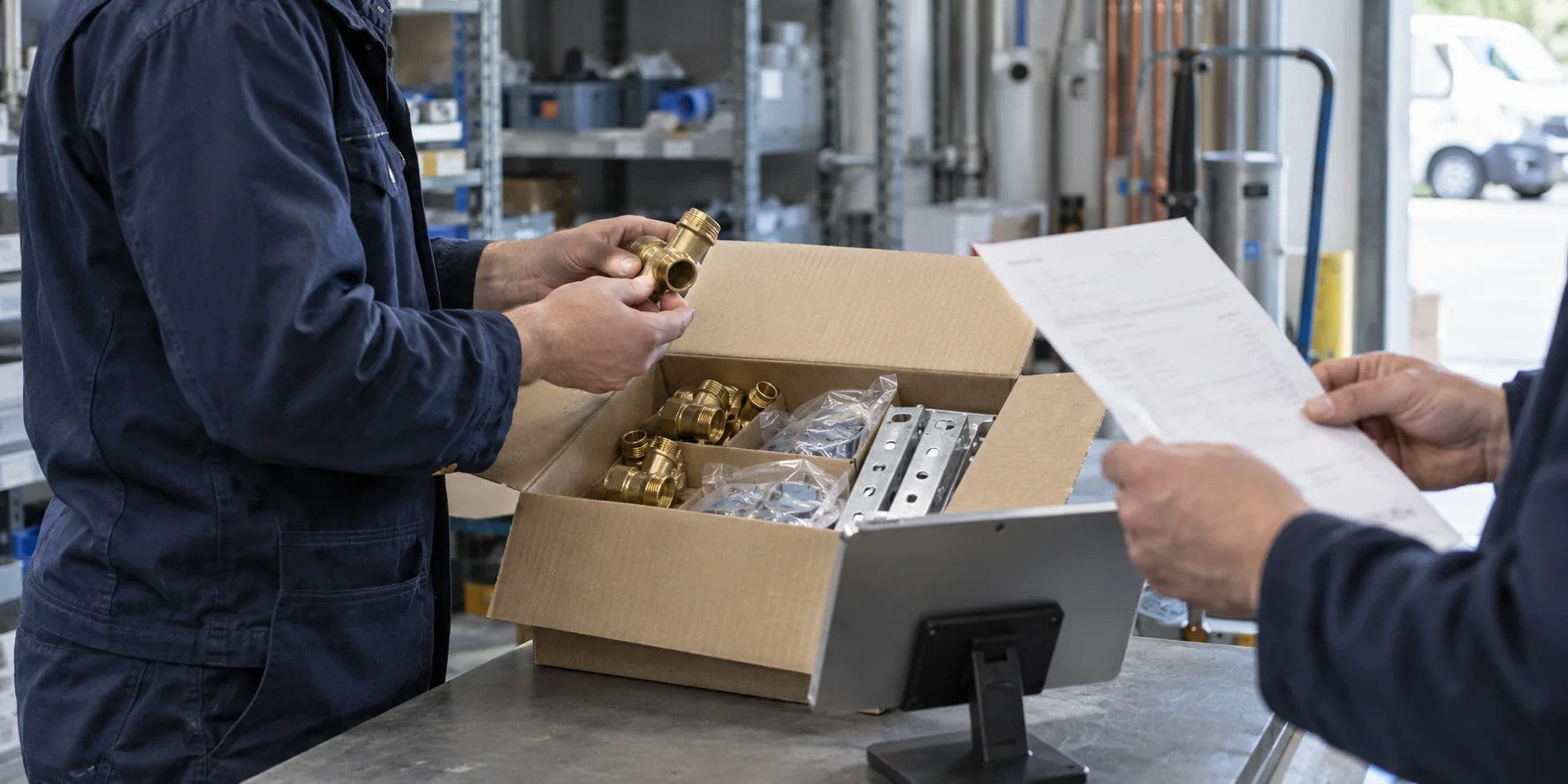 Two employees check delivered brass fittings and a delivery note at goods-in