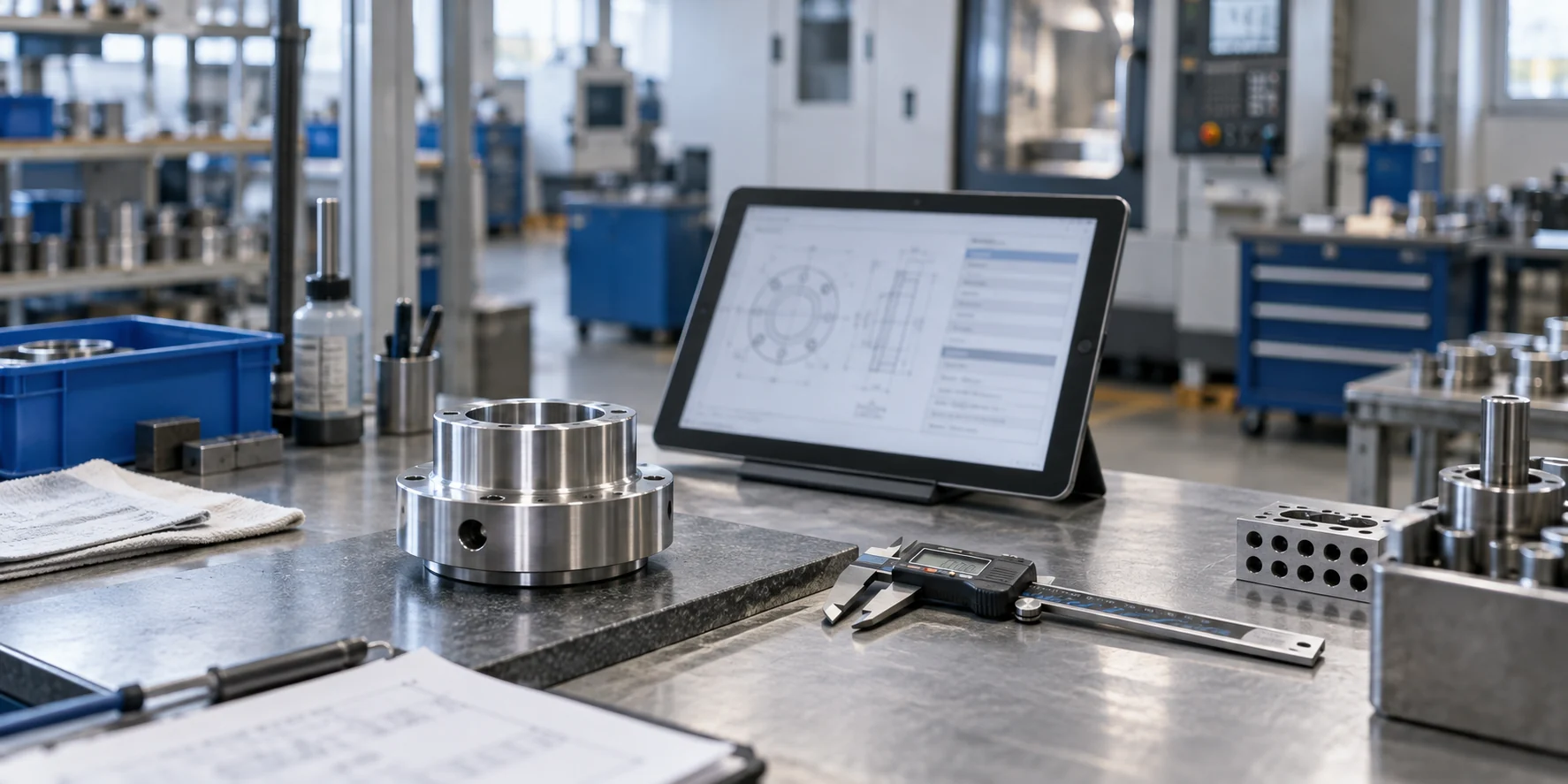 Prüfarbeitsplatz mit Messschieber, Metallbauteil und digitaler Arbeitsanweisung