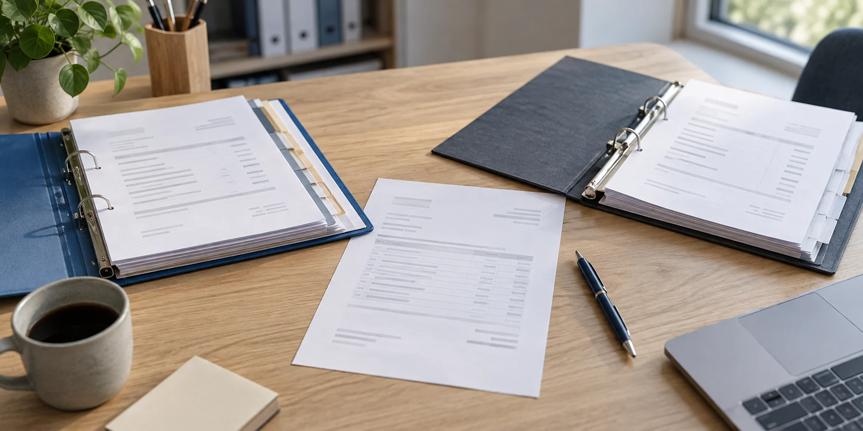 Rechnungsunterlagen und Projektmappen auf einem aufgeräumten Büroschreibtisch