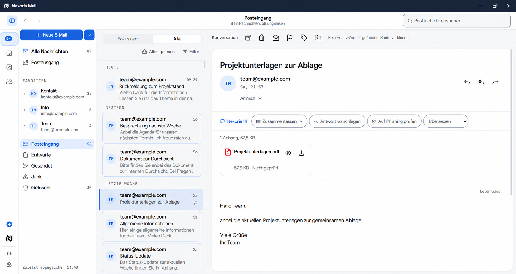 Nexoria Mail: Posteingang, geöffnete Nachricht und KI-Werkzeuge.