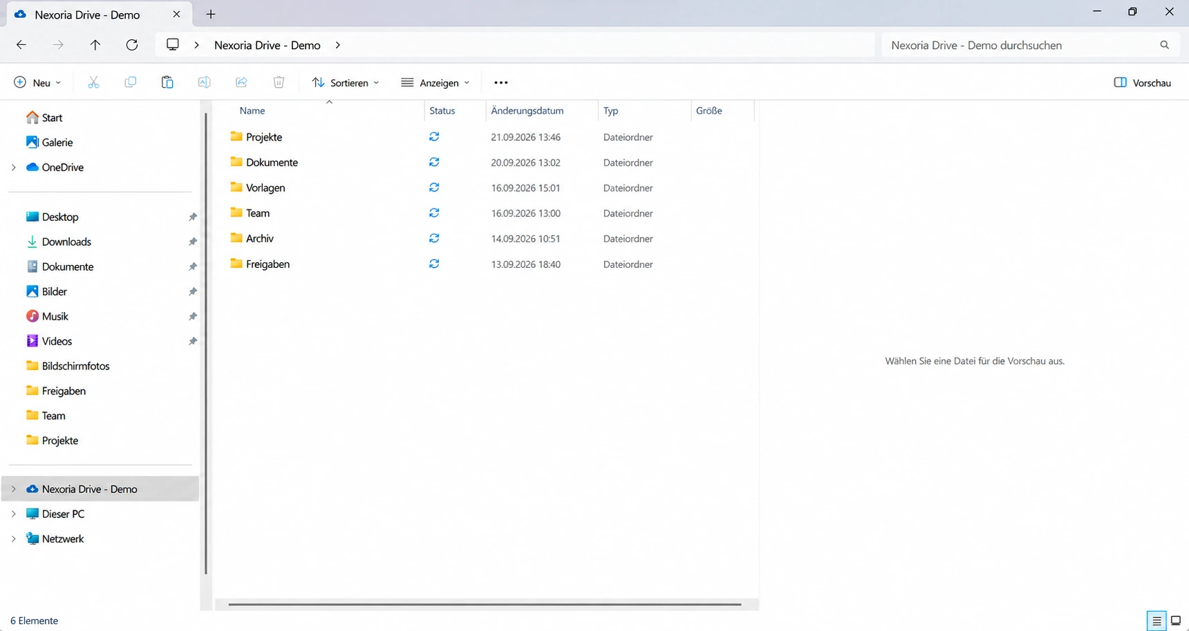 Nexoria Drive in Windows File Explorer: folders and sync status in one view.
