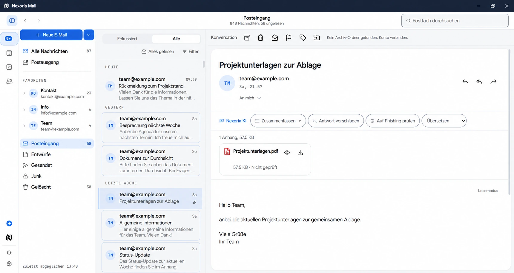 Nexoria Mail with inboxes, message view, attachments and AI actions. The screenshot uses sample data.