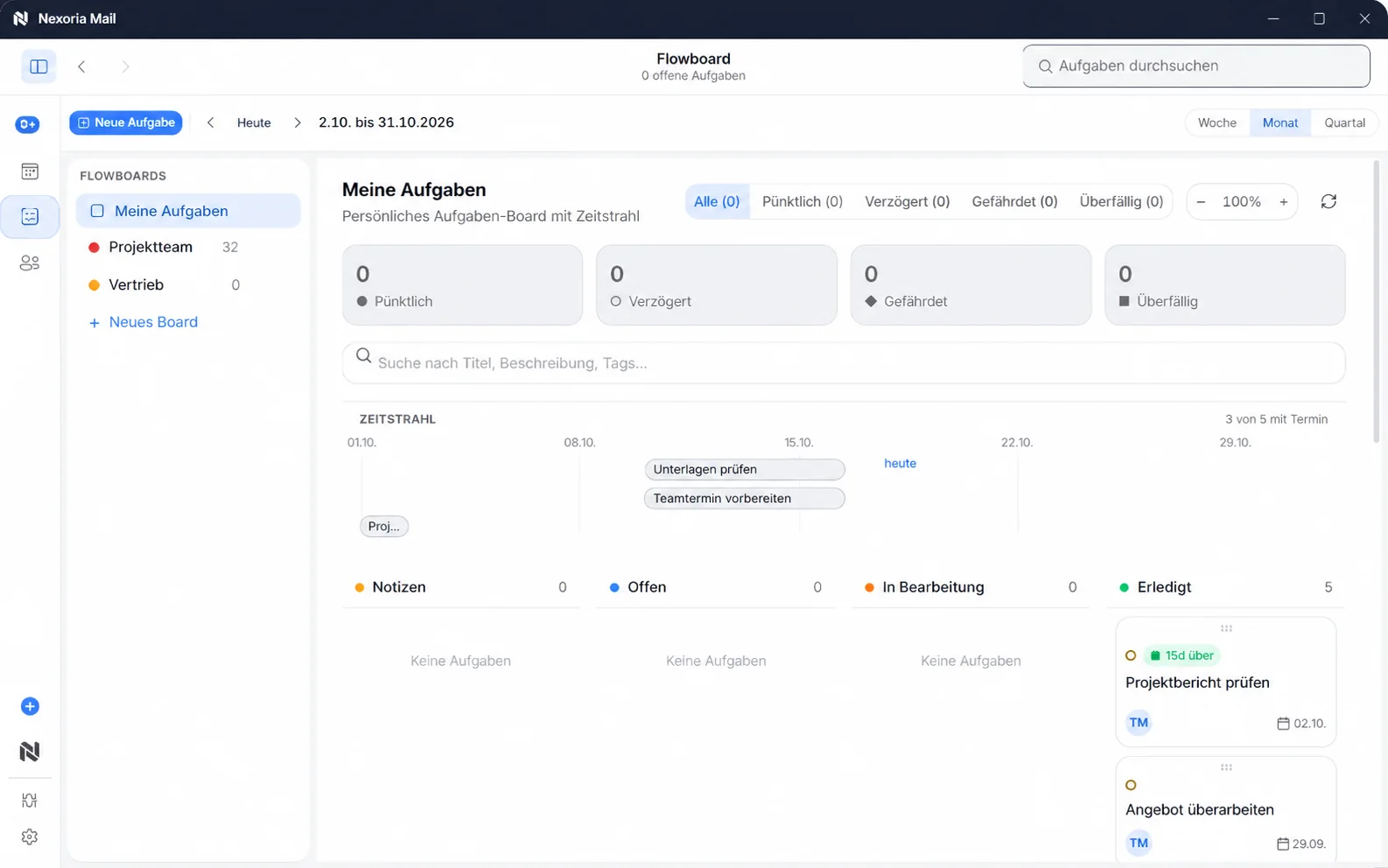 Flowboard in Nexoria Mail mit Zeitstrahl und Aufgabenstatus. Für die Veröffentlichung anonymisierte Beispielinhalte.