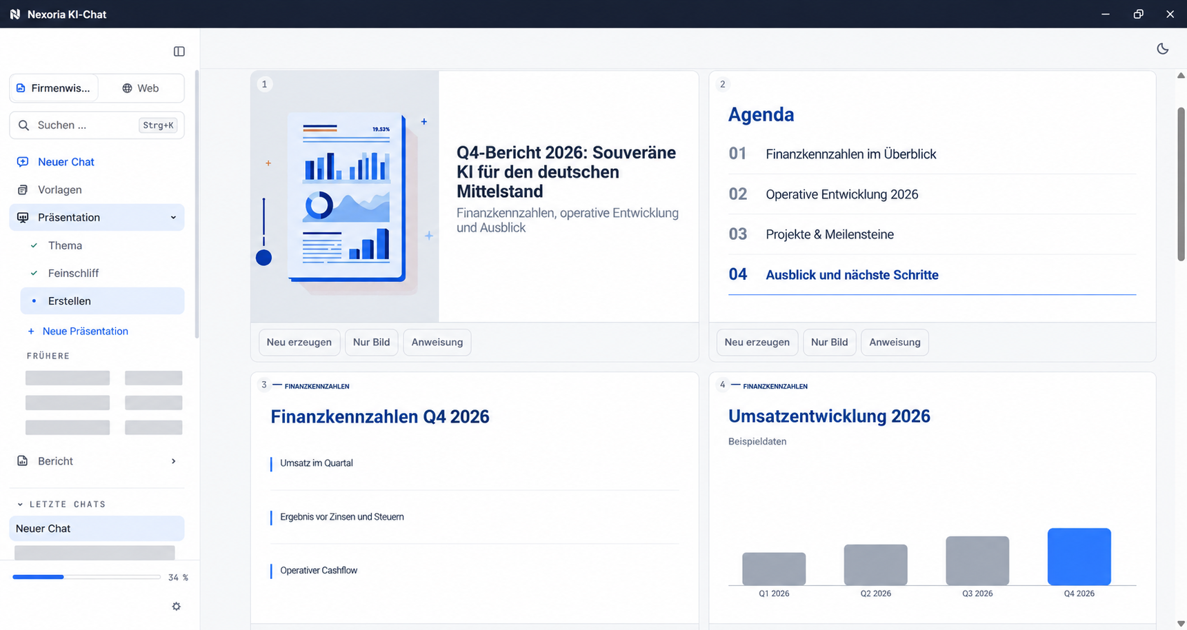 Creating a presentation in the Nex AI chat with anonymised sample content.