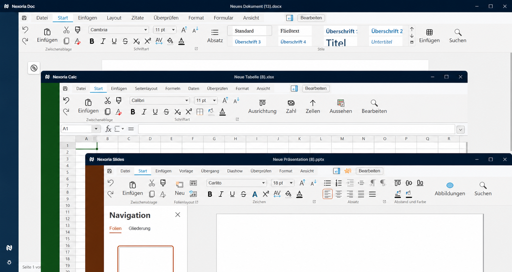 Nexoria Doc, Calc und Slides in der aktuellen Office-Anwendung