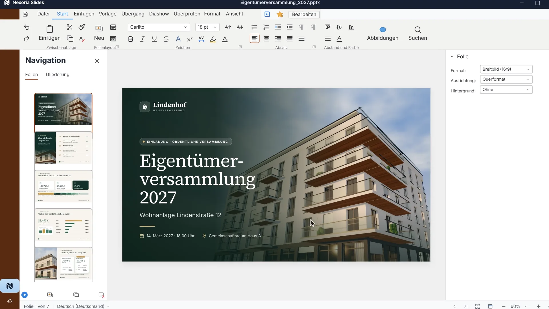 Nexoria Slides: Szene aus dem Erklärfilm mit fiktiven Beispieldaten
