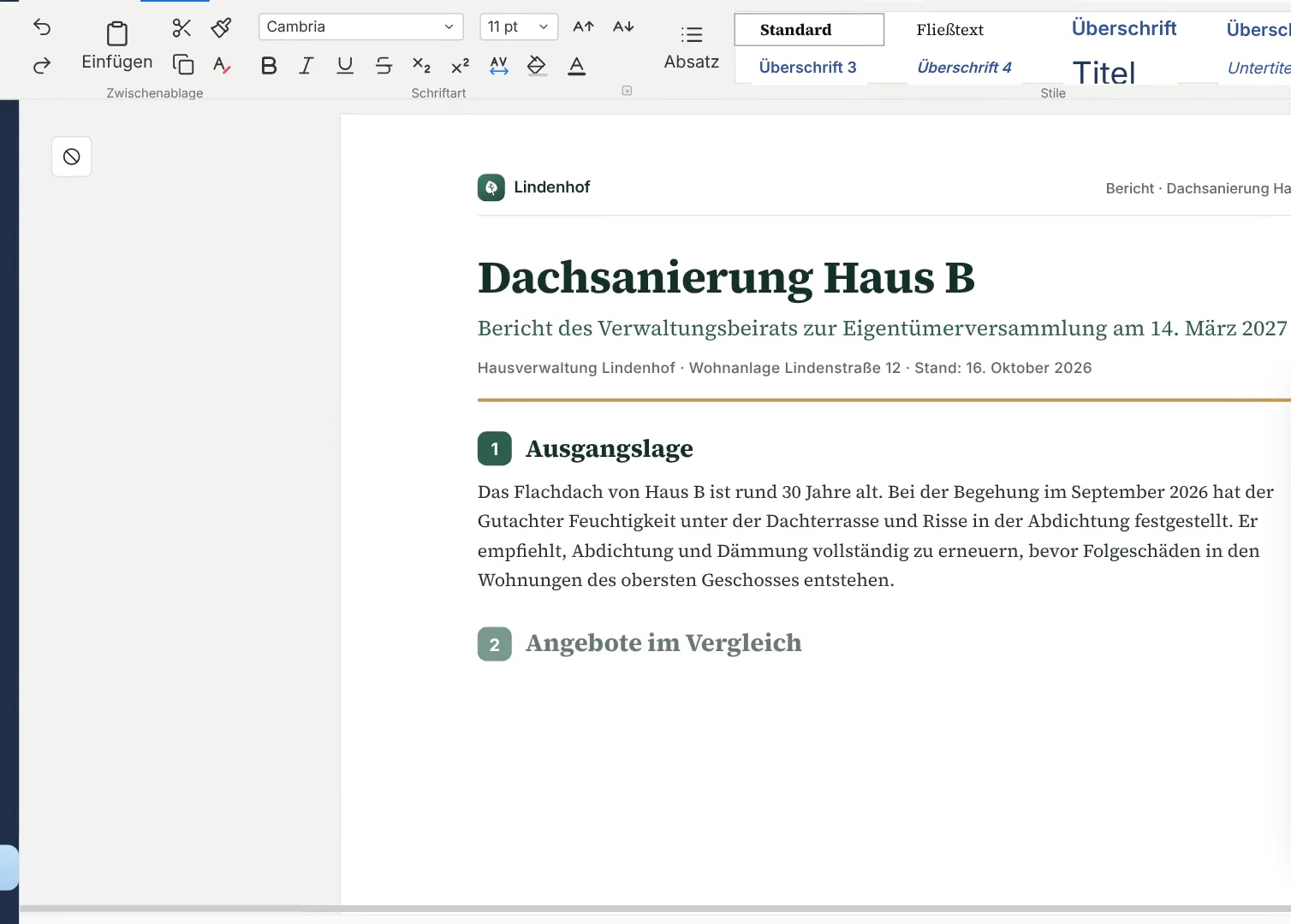 Ein Berichtsentwurf in Nexoria Doc. Szene aus dem Erklärfilm mit nachgestellter Oberfläche und fiktiven Beispieldaten.